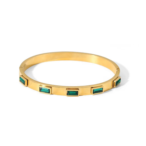 18k Gold Plated Green Cubic Zirconia Bezel Setting Dainty Stainless Steel Bangles for Women As Gift