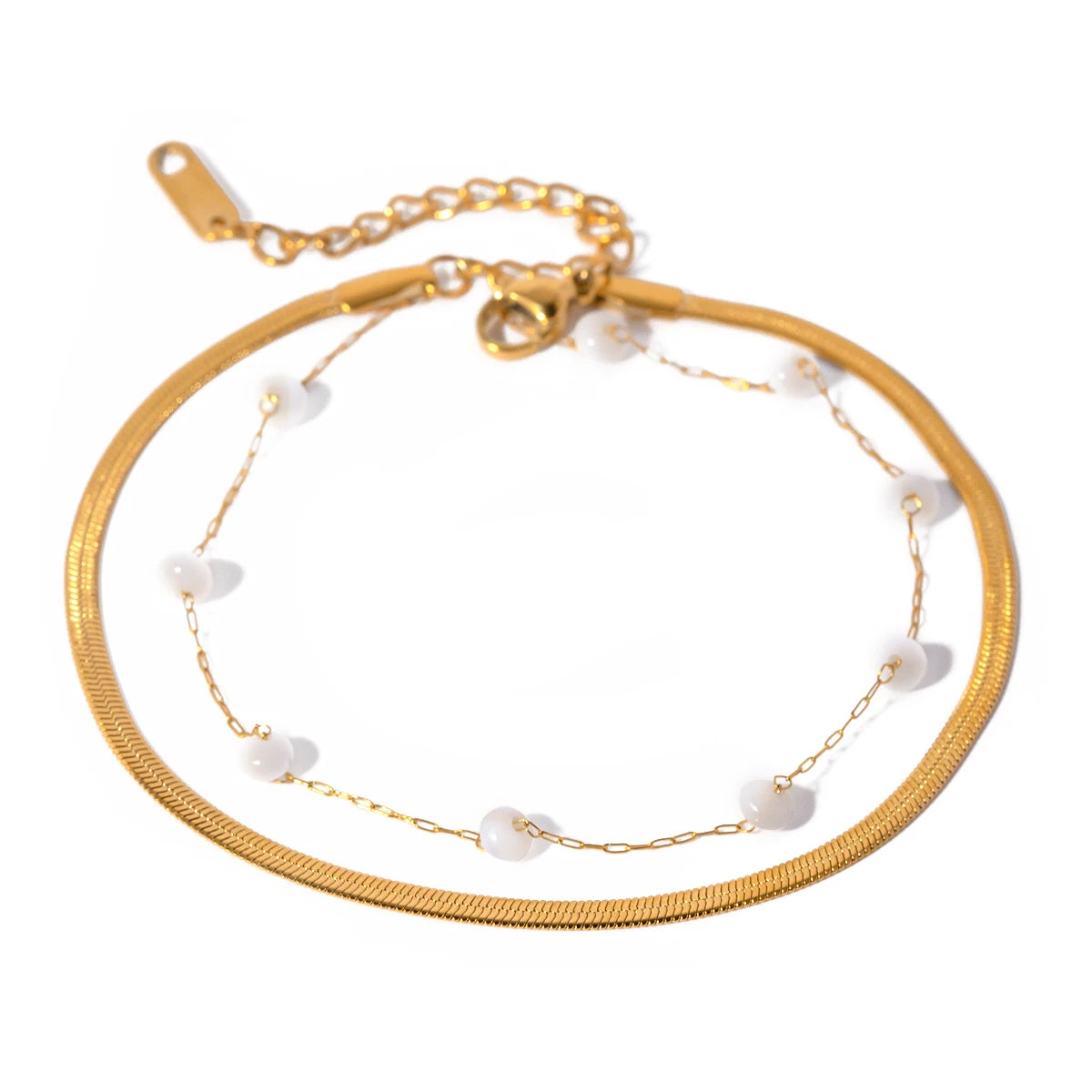 J&D Luxury Stainless Steel Gold Round Shell Pearl Snake Anklet Blade Flat Encryption Chain Anklet