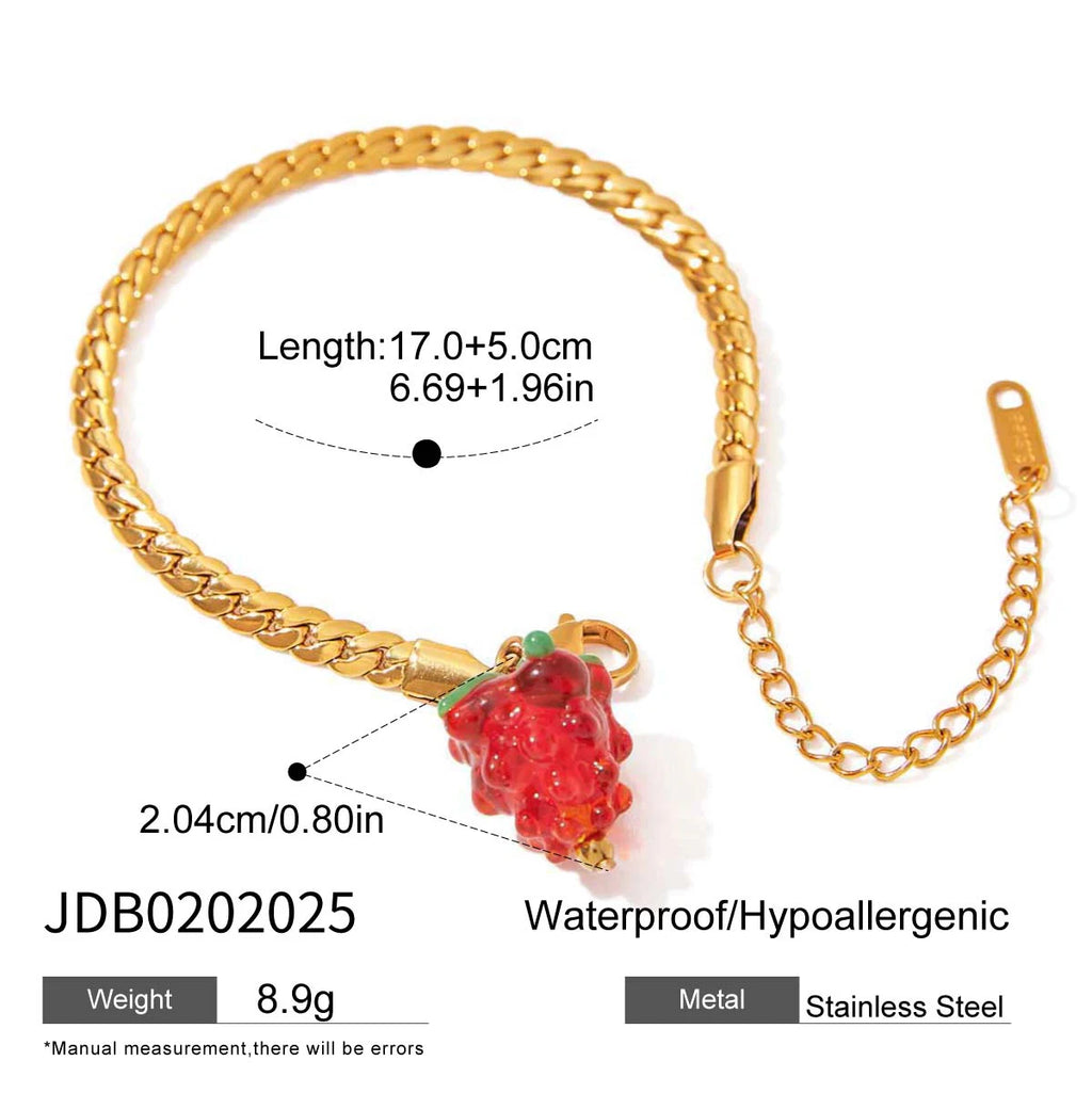 J&D Women's Bracelet Sweet and Cool Style 18K Gold Stainless Steel Encrypted Flat Chain With Red Glass Grape Bracelet