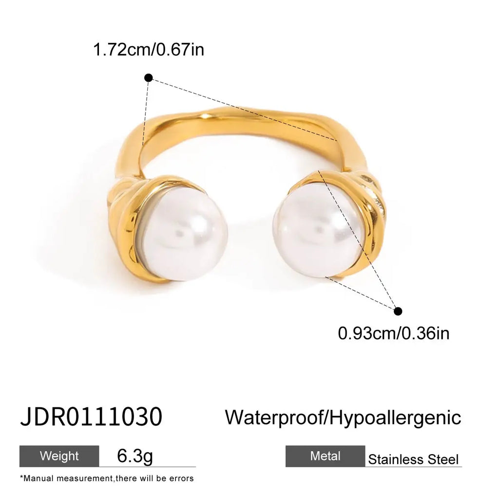 J&D 18K Gold Stainless Steel Adjustable Elegant Modern Jewelry  Pearl Textured Hammered Open Ring