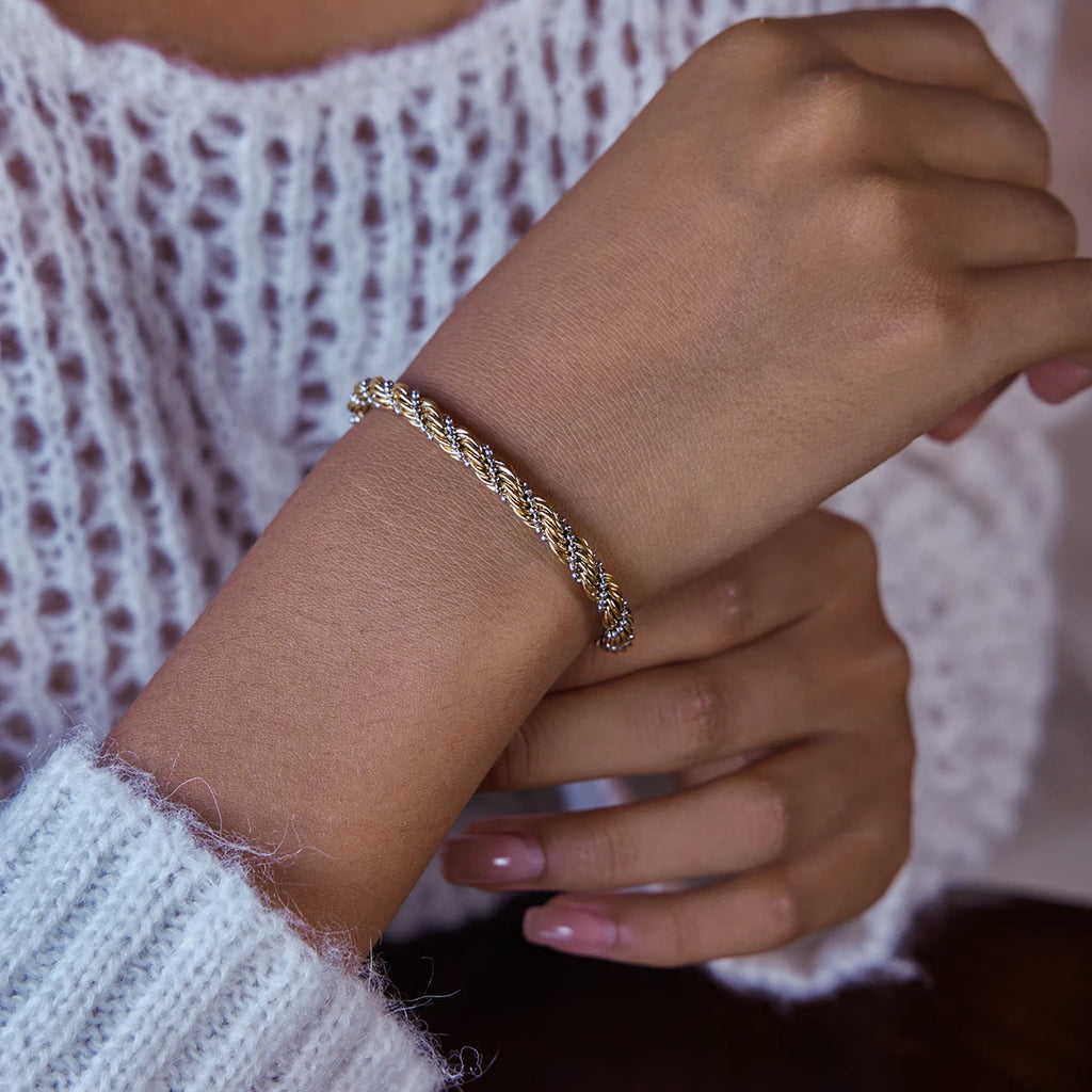 J&D New Arrival  Women's Stainless Steel  Bracelet Two Tone Personalized Beaded Chain Twisted Fried Bracelet