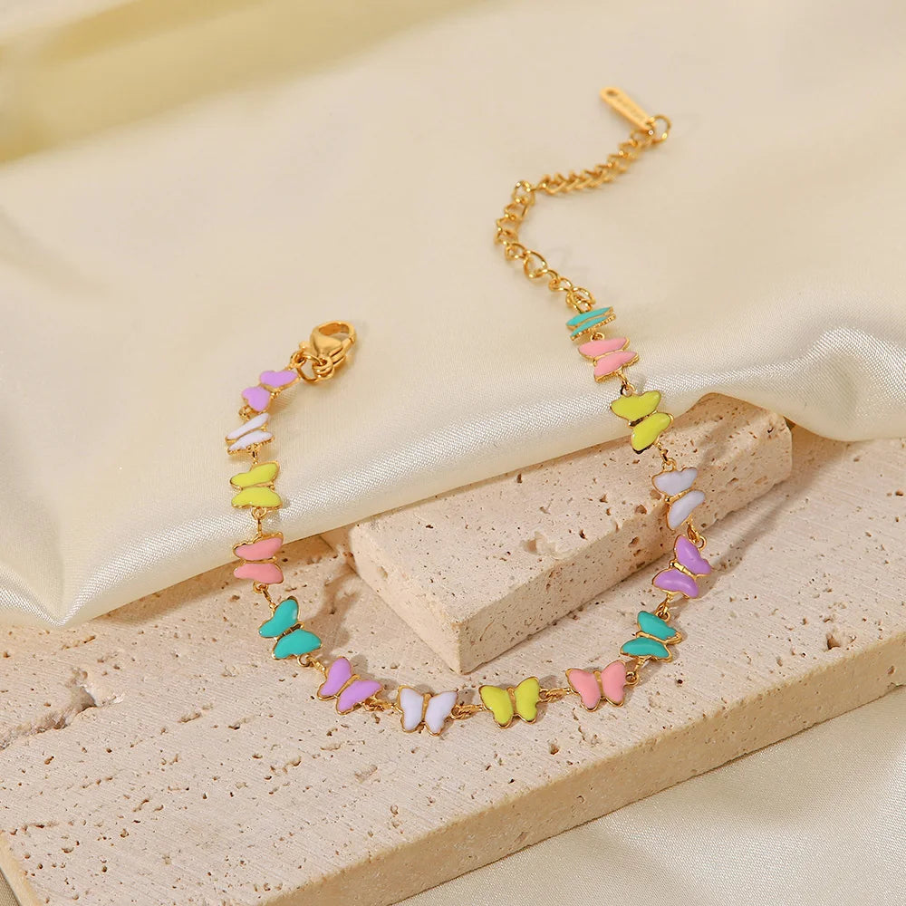 Charm 18k Gold Stainless Steel Dripping Oil Jewelry Gift Colorful Enamel Butterfly Chain Bracelet