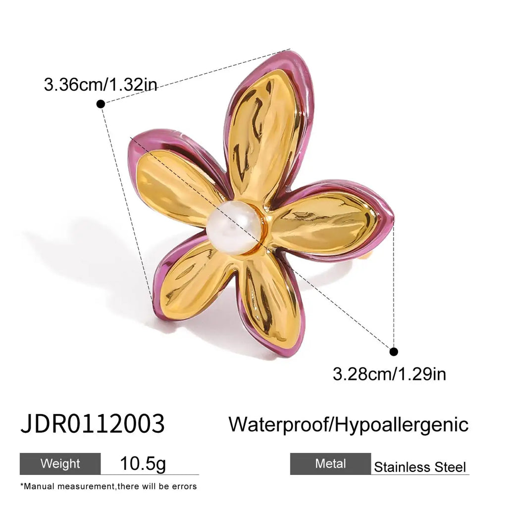 J&D 18K Gold Stainless Steel Adjustable Trendy Romantic Jewelry Pink Enamel Glass Pearl Flower Open Ring