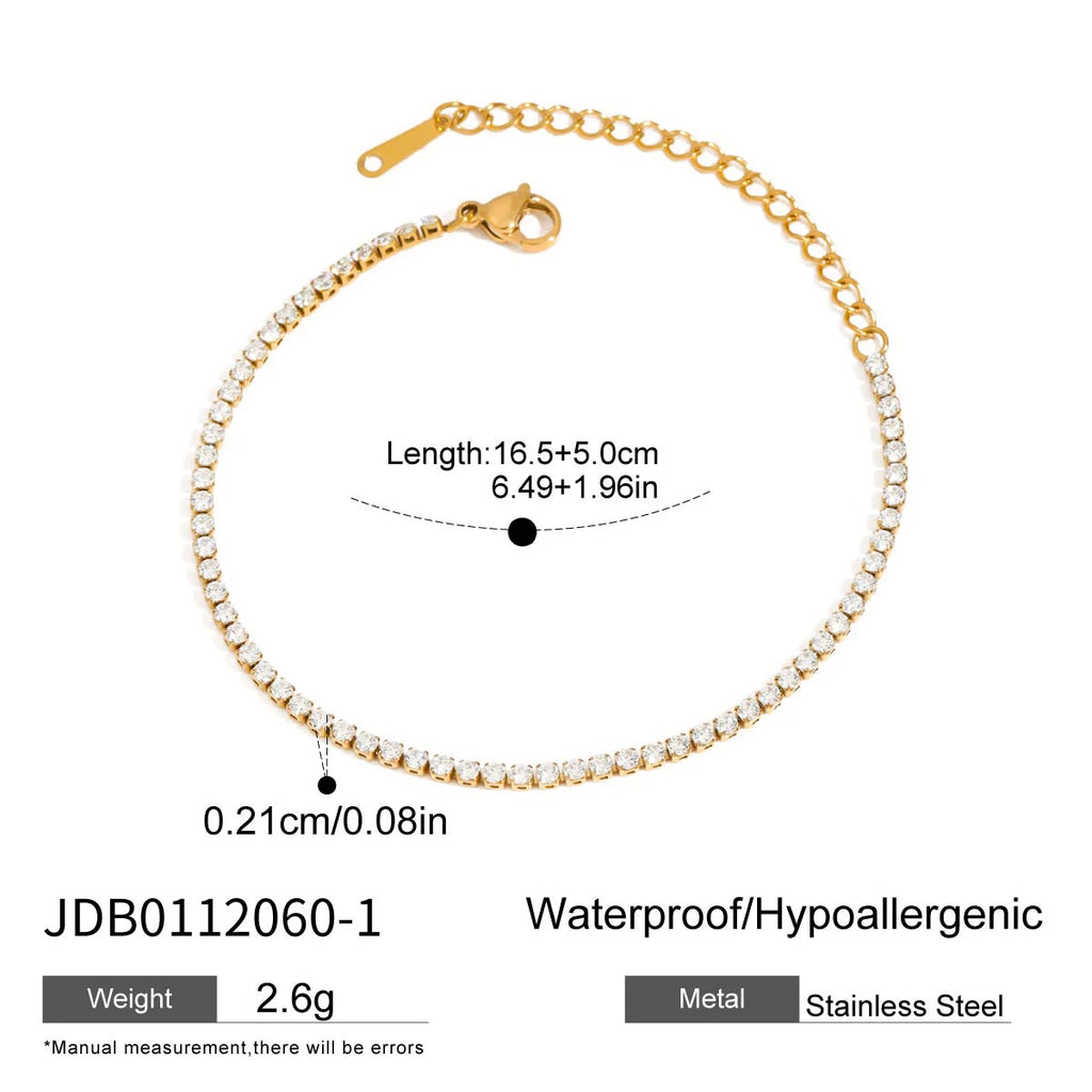 J&D Luxury 18K Gold Stainless Steel Tennis Chain 2MM Zircon Stone Bracelet Stylish Sports Casual Fashion Charm