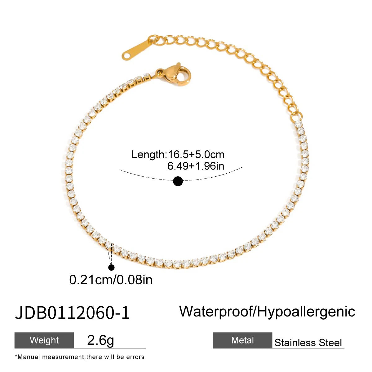 J&D Luxury 18K Gold Stainless Steel Tennis Chain 2MM Zircon Stone Bracelet Stylish Sports Casual Fashion Charm