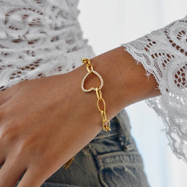 J&D Classic 18K Gold Plated Stainless Steel Bracelet Heart Rhinestone Link Chain Bracelet Jewelry