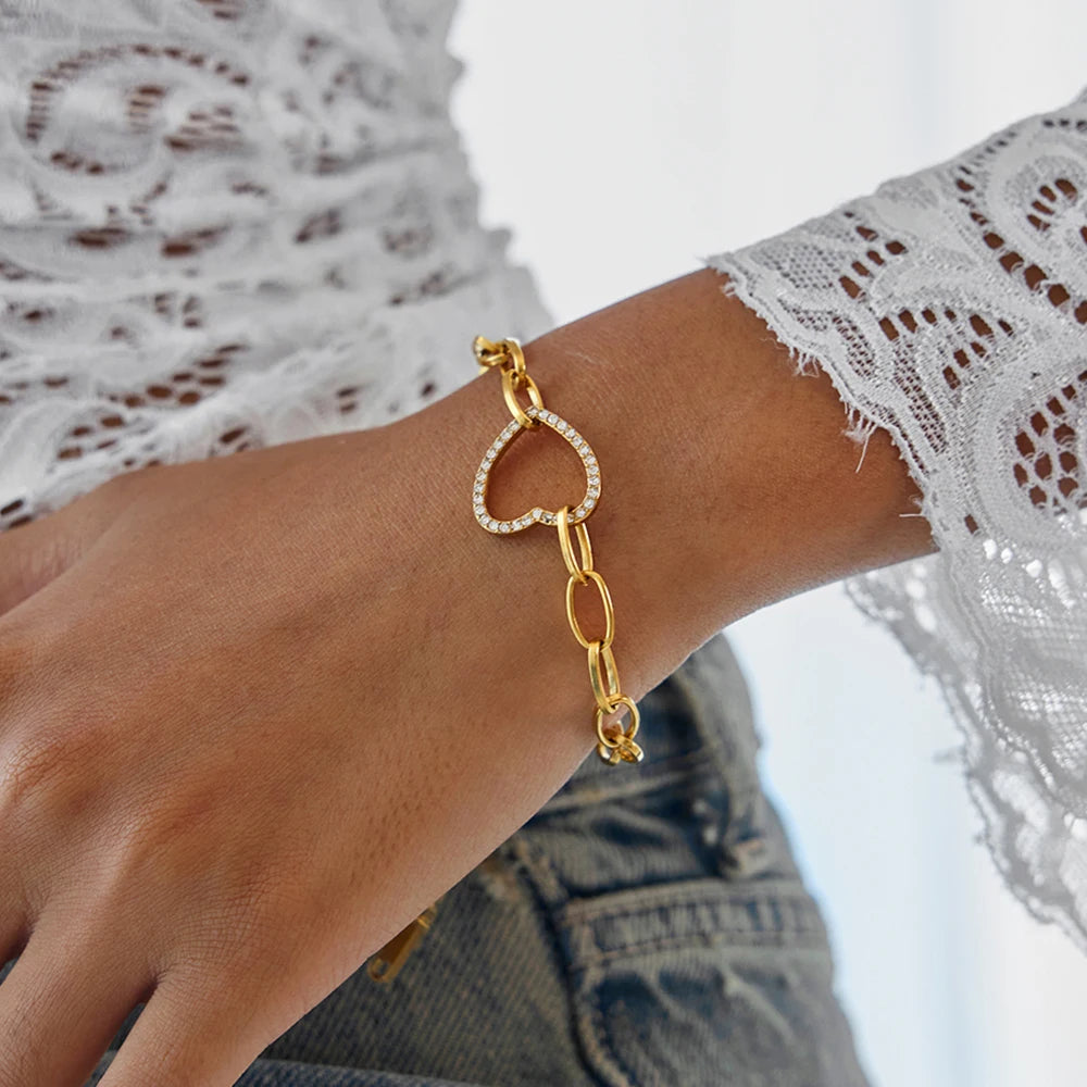 J&D Classic 18K Gold Plated Stainless Steel Bracelet Heart Rhinestone Link Chain Bracelet Jewelry