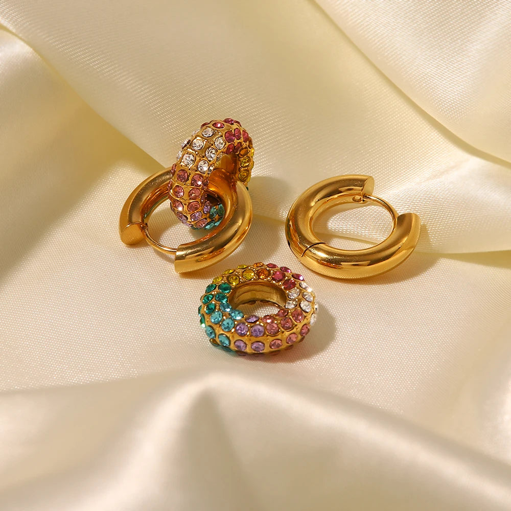 J&D Waterproof 18k Gold Plated Stainless Steel Jewelry Gift Colorful Cubic Zirconia Hoop Earrings for Women