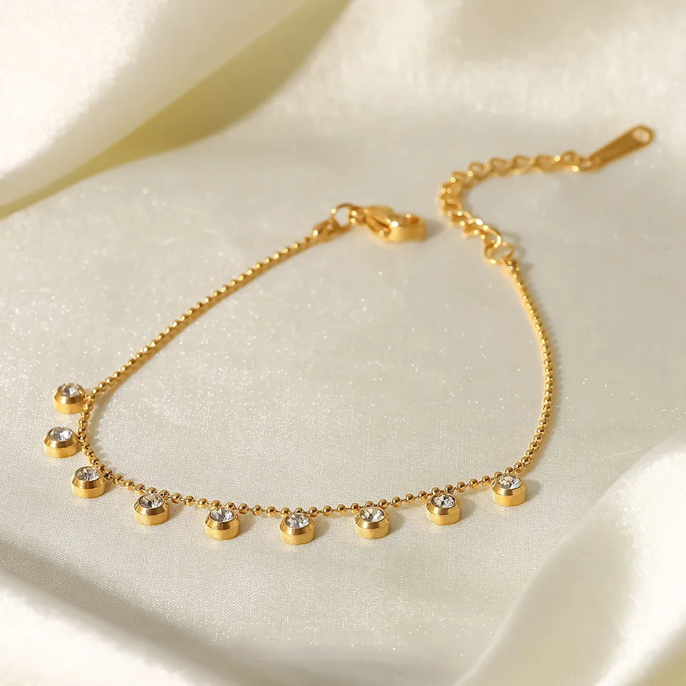 18K Gold Plated Tassel Round Zircon Bracelet Stainless Steel Bead Chain Clear Cubic Zircons Bracelet Girl