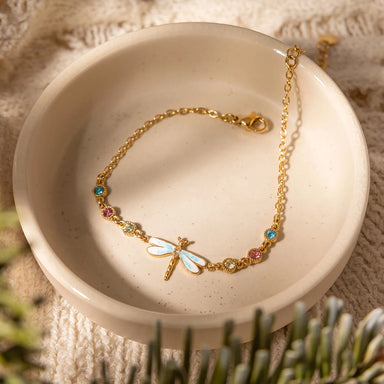 J&D Jewelry 18K Gold Plated Stainless Steel Blue Enamel Dragonfly Bracelet with Yellow Pink Blue Rhinestone for Women