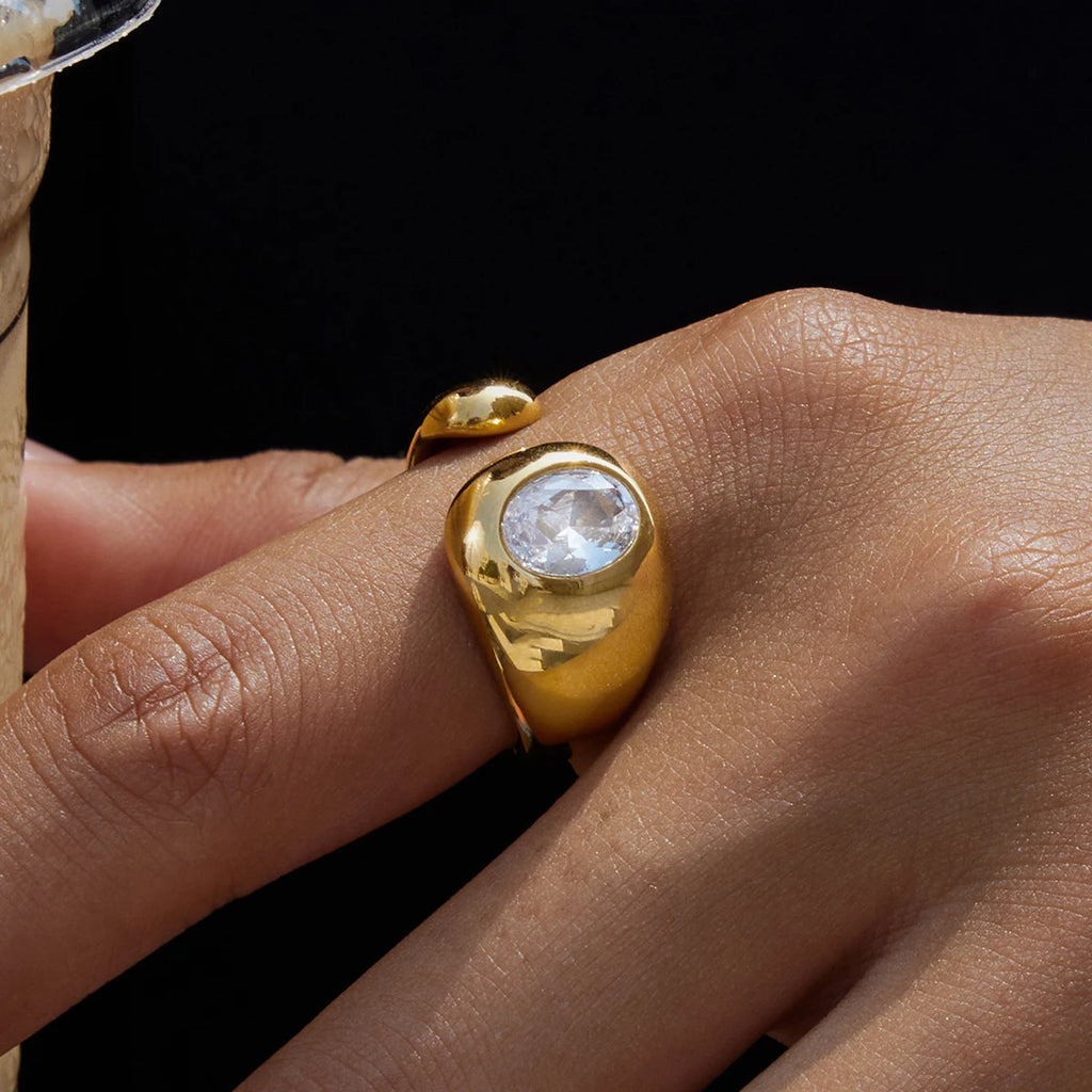 J&D 18K PVD Gold Plated Stainless Steel Ring Waterproof Classic Trendy White Rhinestone Open Ring