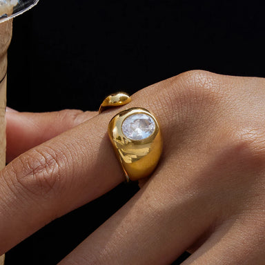 J&D 18K PVD Gold Plated Stainless Steel Ring Waterproof Classic Trendy White Rhinestone Open Ring