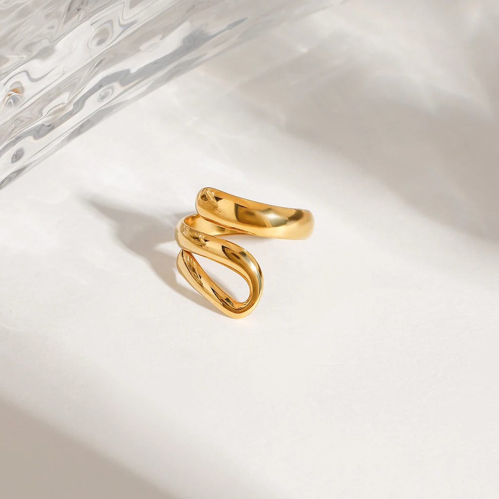 J&D Trendy 18K Gold Stainless Steel Opening Ring Modern Geometric Liner with Irregular Oval Cut Diamond Fashionable Rings