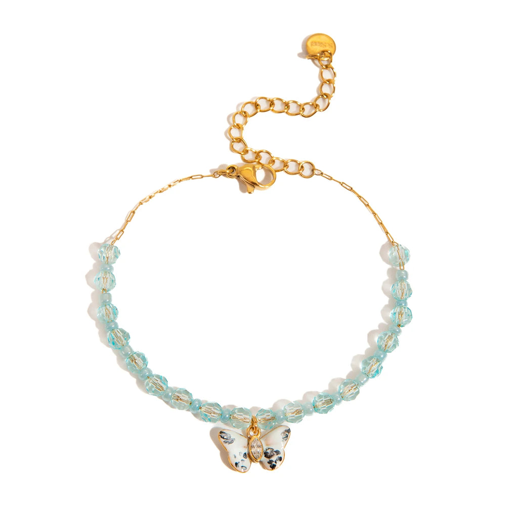J&D Jewelry 18K Gold Plated Stainless Steel Blue Beaded Bracelet with Enamel Butterfly Pendant with Zircon for Women