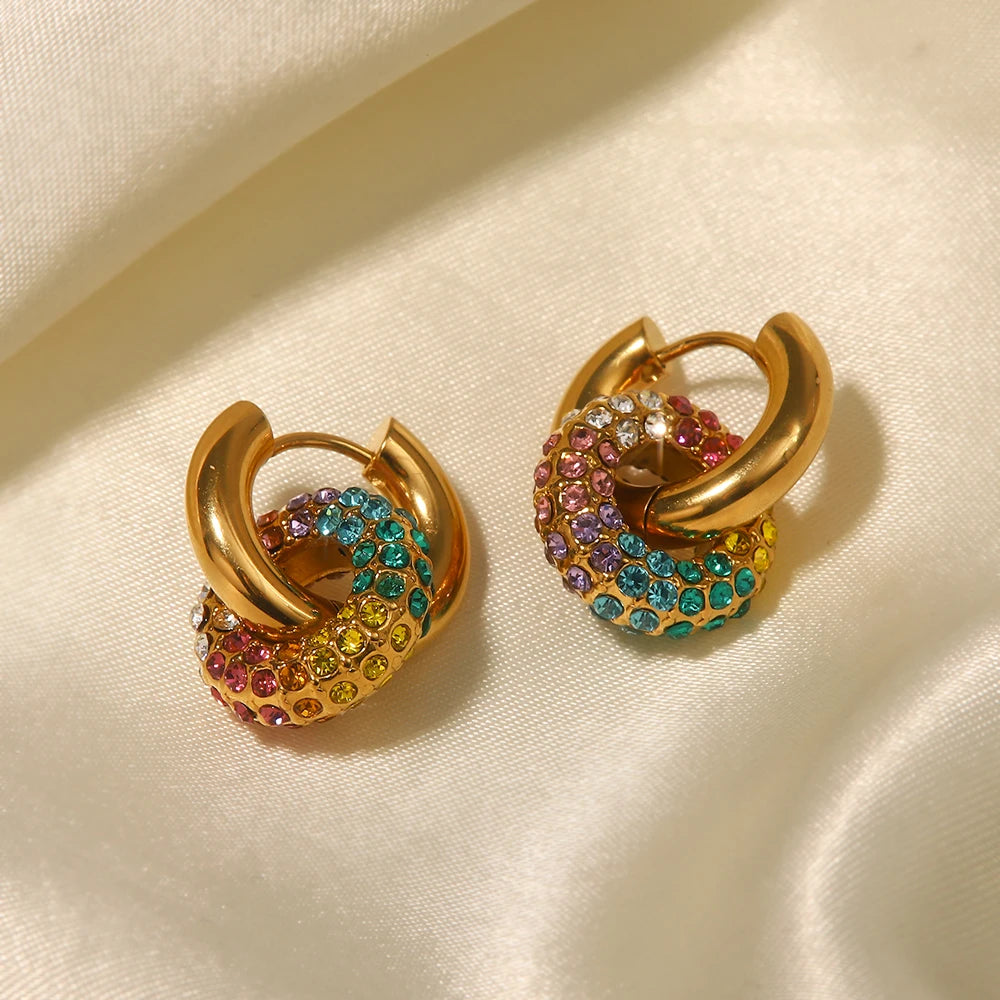 J&D Waterproof 18k Gold Plated Stainless Steel Jewelry Gift Colorful Cubic Zirconia Hoop Earrings for Women