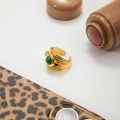 J&D 18K Gold Plated Stainless Steel Ring Malachite Multi-Layer Hollow-Out Open Ring Jewelry for Women