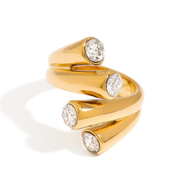 J&D 18K Stainless Steel Waterproof Tarnish Free Gold Plated Glass Zircon Double Line Open Ring