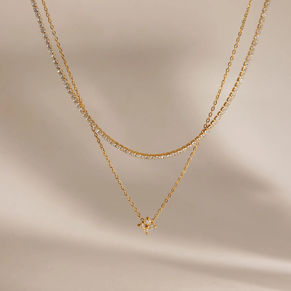 J&D Jewelry 18K Gold Plated Stainless Steel Layered Tennis Chain and Flower Zircon Pendant Necklace for Women