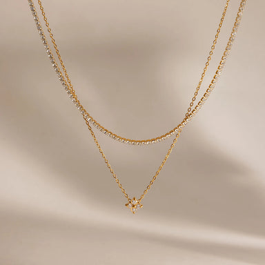 J&D Jewelry 18K Gold Plated Stainless Steel Layered Tennis Chain and Flower Zircon Pendant Necklace for Women