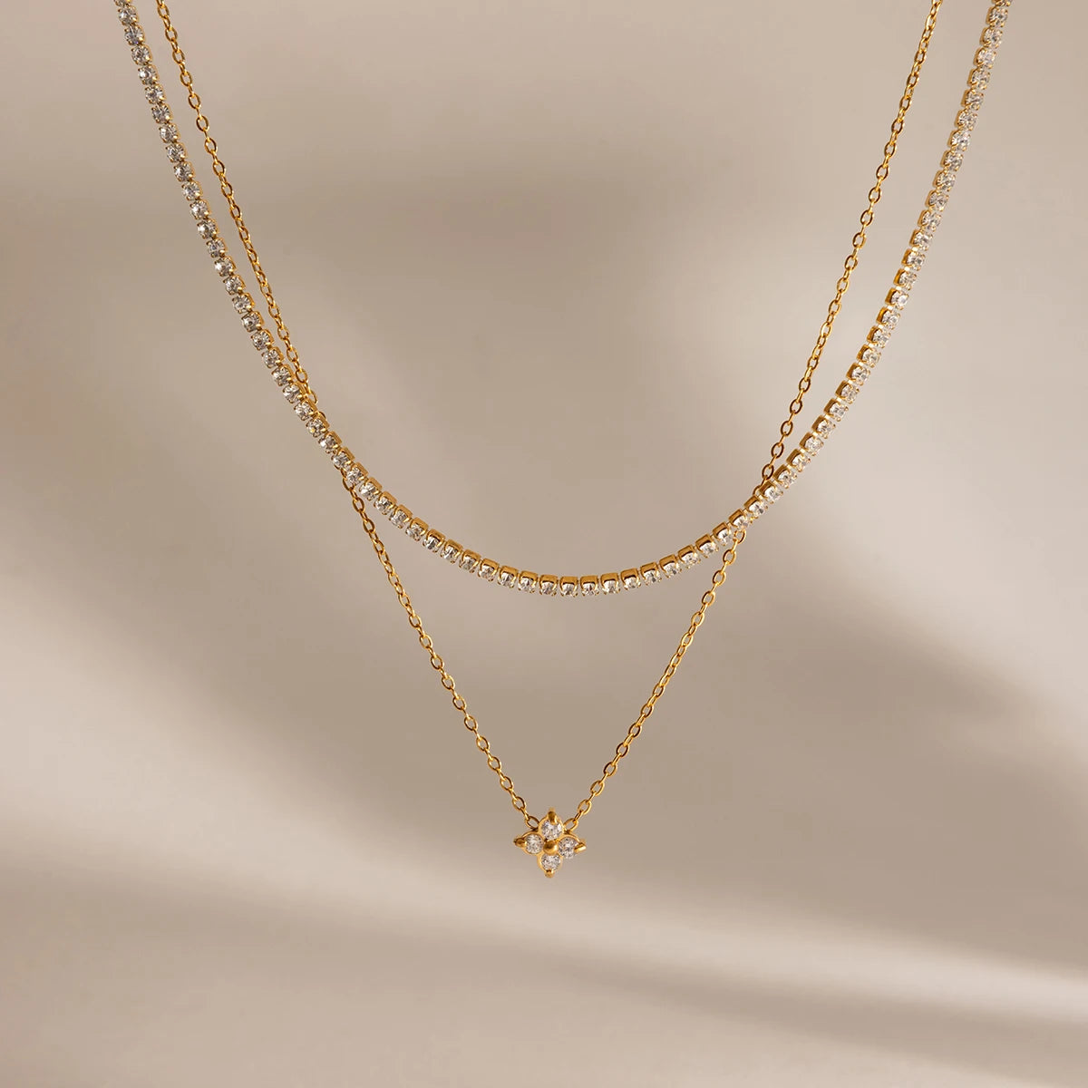 J&D Jewelry 18K Gold Plated Stainless Steel Layered Tennis Chain and Flower Zircon Pendant Necklace for Women
