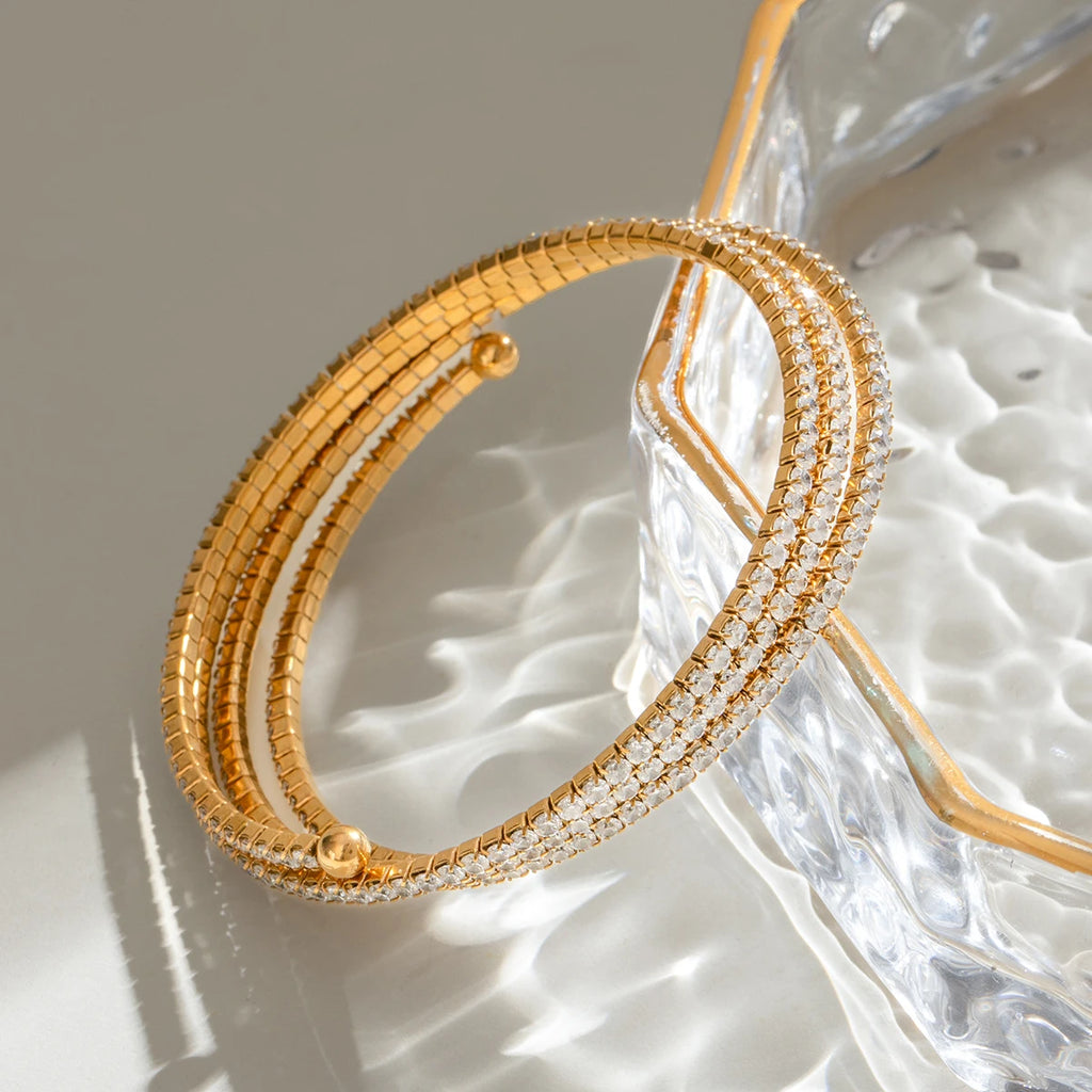 J&D 18k Gold Stainless Steel White Zircon Full Zircon Triple Layer Bracelet Luxurious Style Party Wearing