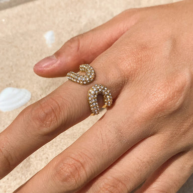 J&D Designer Inspired Women Open Paperclip Ring White Crystal Rhinestones Adjustable Ring 18K Gold Minimalist StackableJewelry