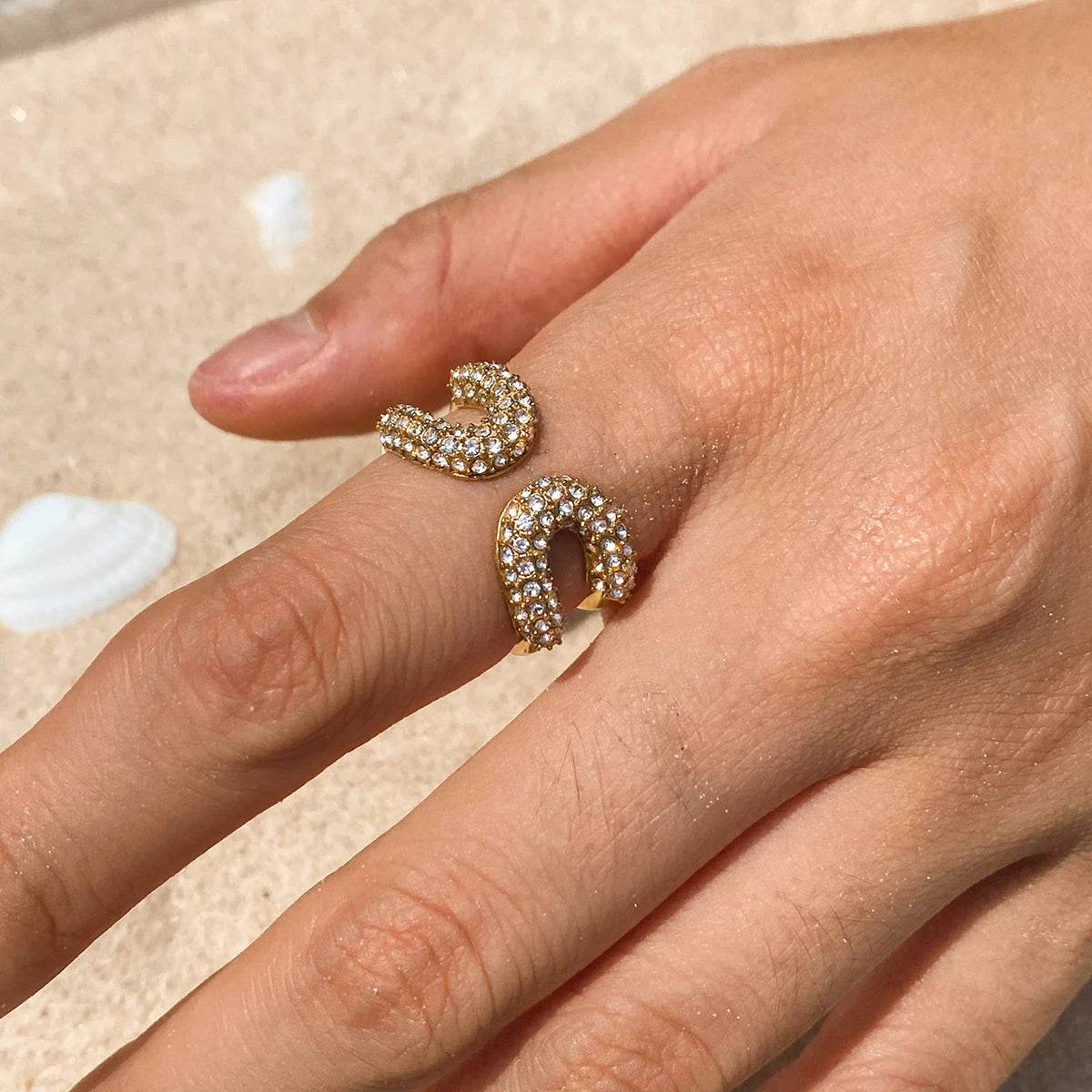 J&D Designer Inspired Women Open Paperclip Ring White Crystal Rhinestones Adjustable Ring 18K Gold Minimalist StackableJewelry