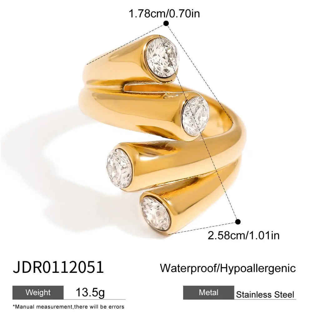 J&D 18K Stainless Steel Waterproof Tarnish Free Gold Plated Glass Zircon Double Line Open Ring