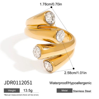 J&D 18K Stainless Steel Waterproof Tarnish Free Gold Plated Glass Zircon Double Line Open Ring