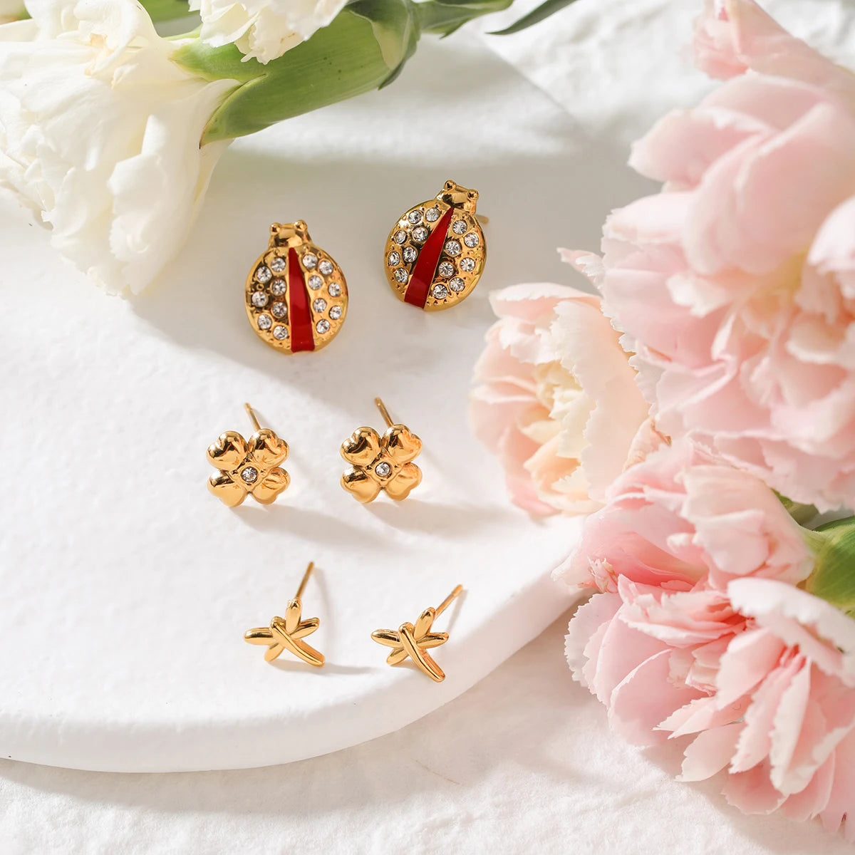 Four-Leaf Clover Red Drop Oil Ladybug Earring 3 pieces set