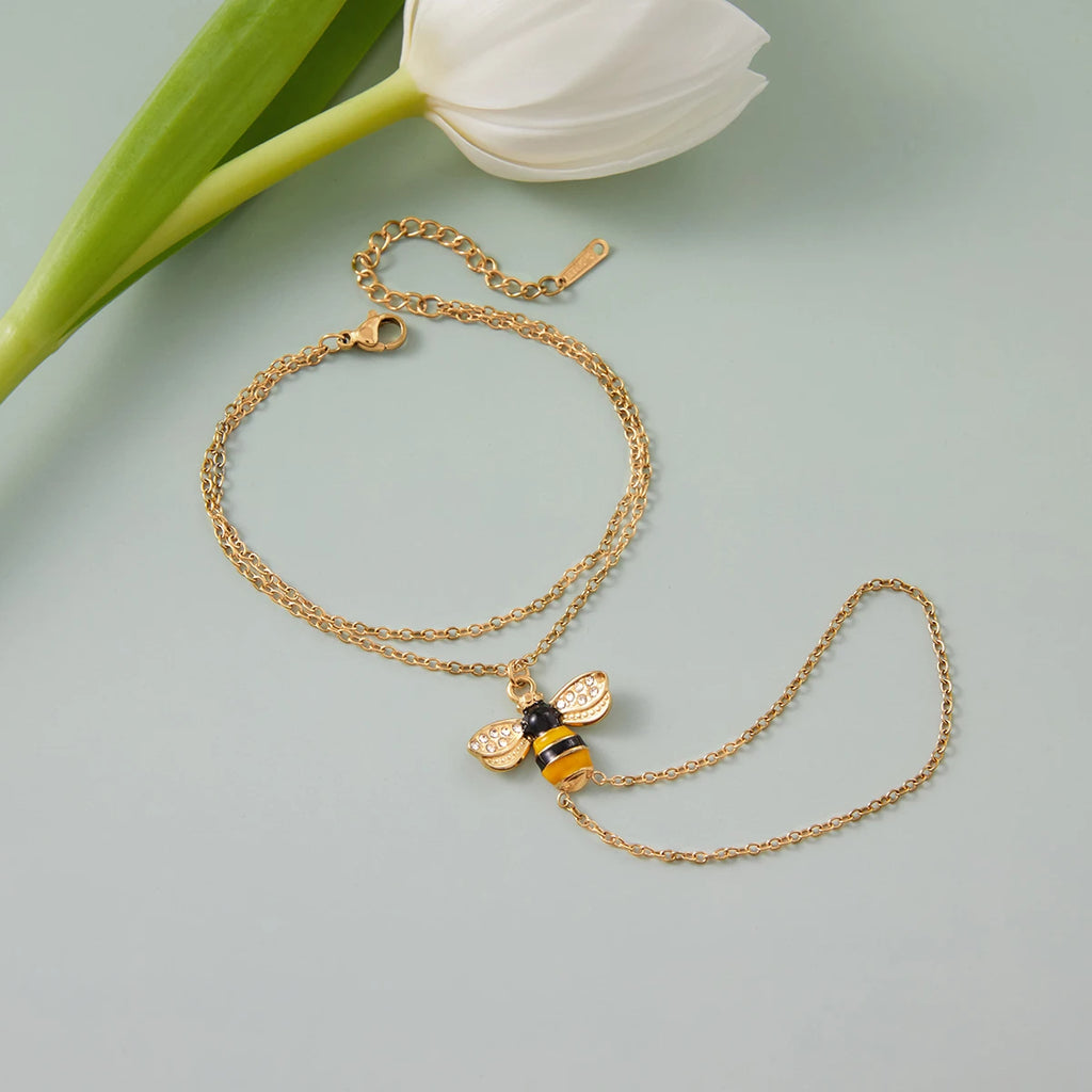 New Arrival  Women's Stainless Steel  Bracelet Chain White Zircon Bee Animal Double-Layer Finger Bracelet Jewelry