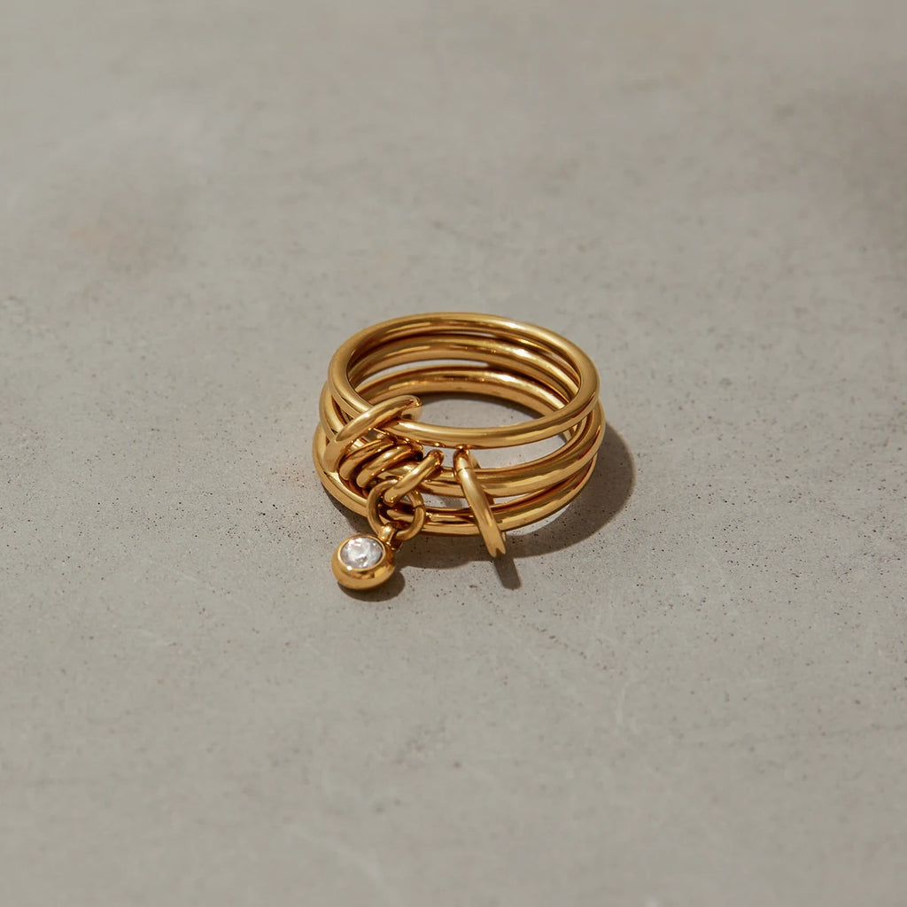 J&D Modern Minimalist 18K Stainless Steel Layer Ring Zircon Charm Multi Finger Rings Party Prom Waterproof Jewelry