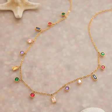 J&D 18K Gold Plated Stainless Steel Durable Chain Necklace with Multi-Color Crystal Zircon Pendant Hypoallergenic Jewelry Gift
