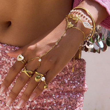 Modern Fashion Jewelry 18k Gold Hand Chain Link Bracelet Women Bow Finger Zirconia Pearl Chain Bracelet