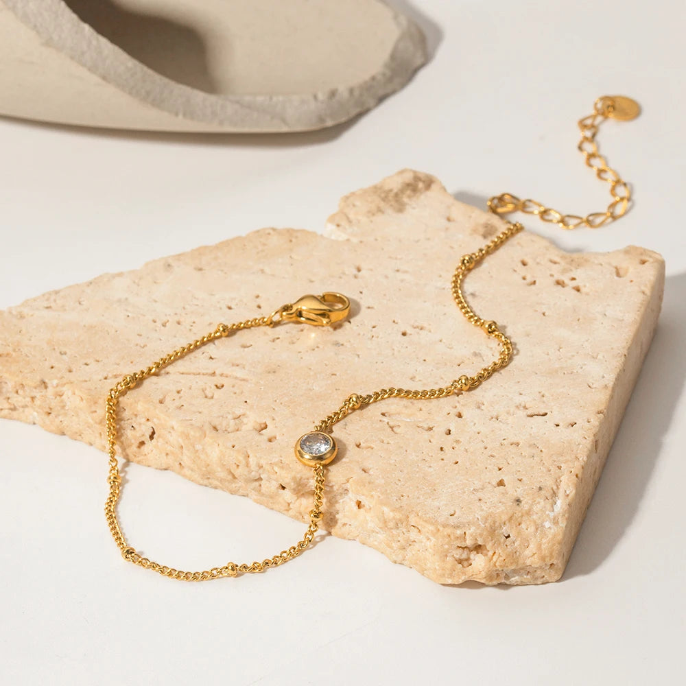Dainty 18k Gold Plated Stainless Steel  Waterproof Anklet Jewelry Gift Chain Single Zircon Anklet