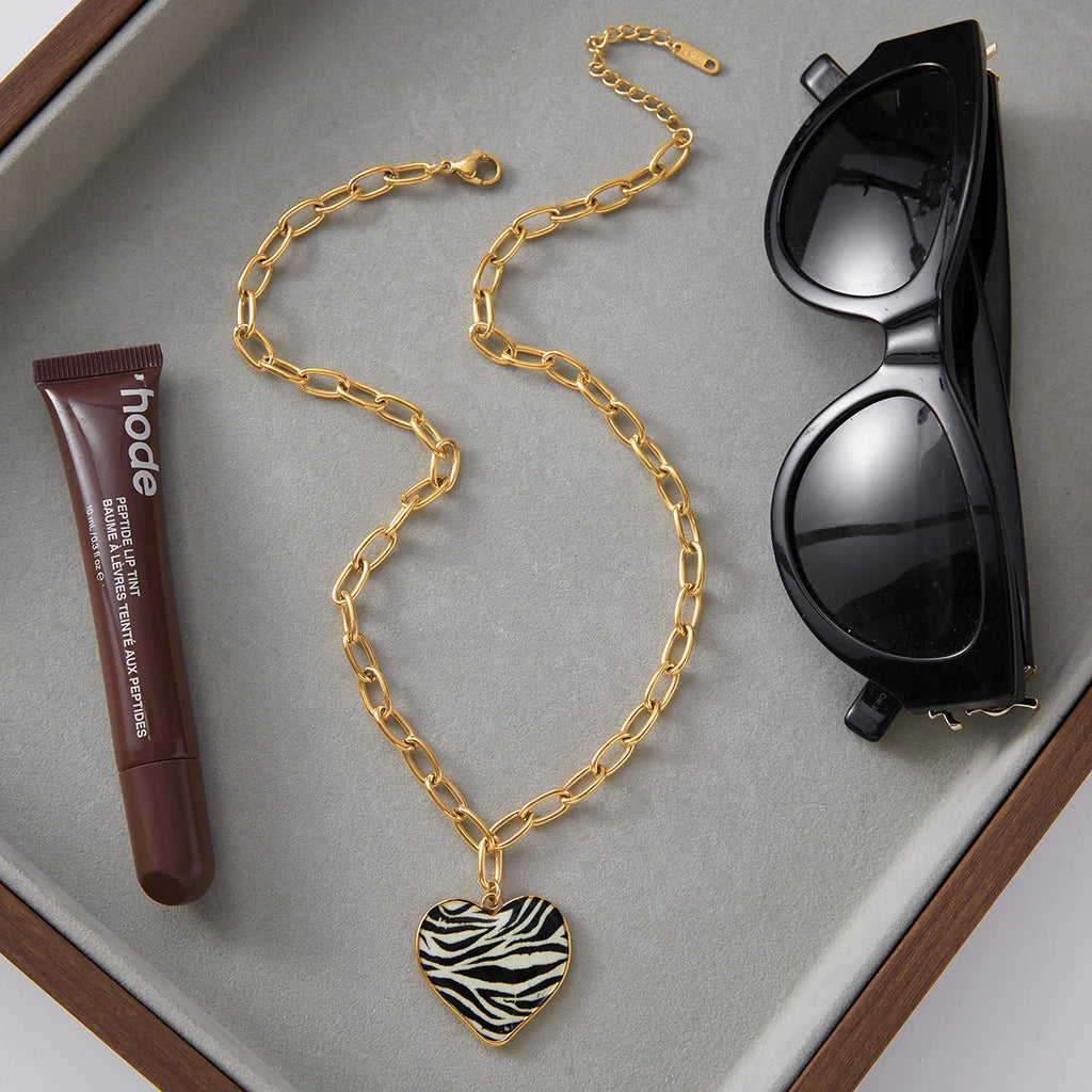 Vintage Leopard Print Enamel Heart Pendant Necklace