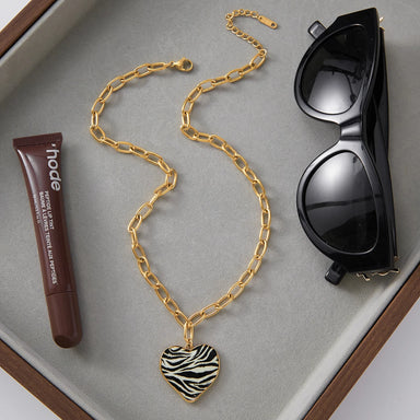Vintage Leopard Print Enamel Heart Pendant Necklace