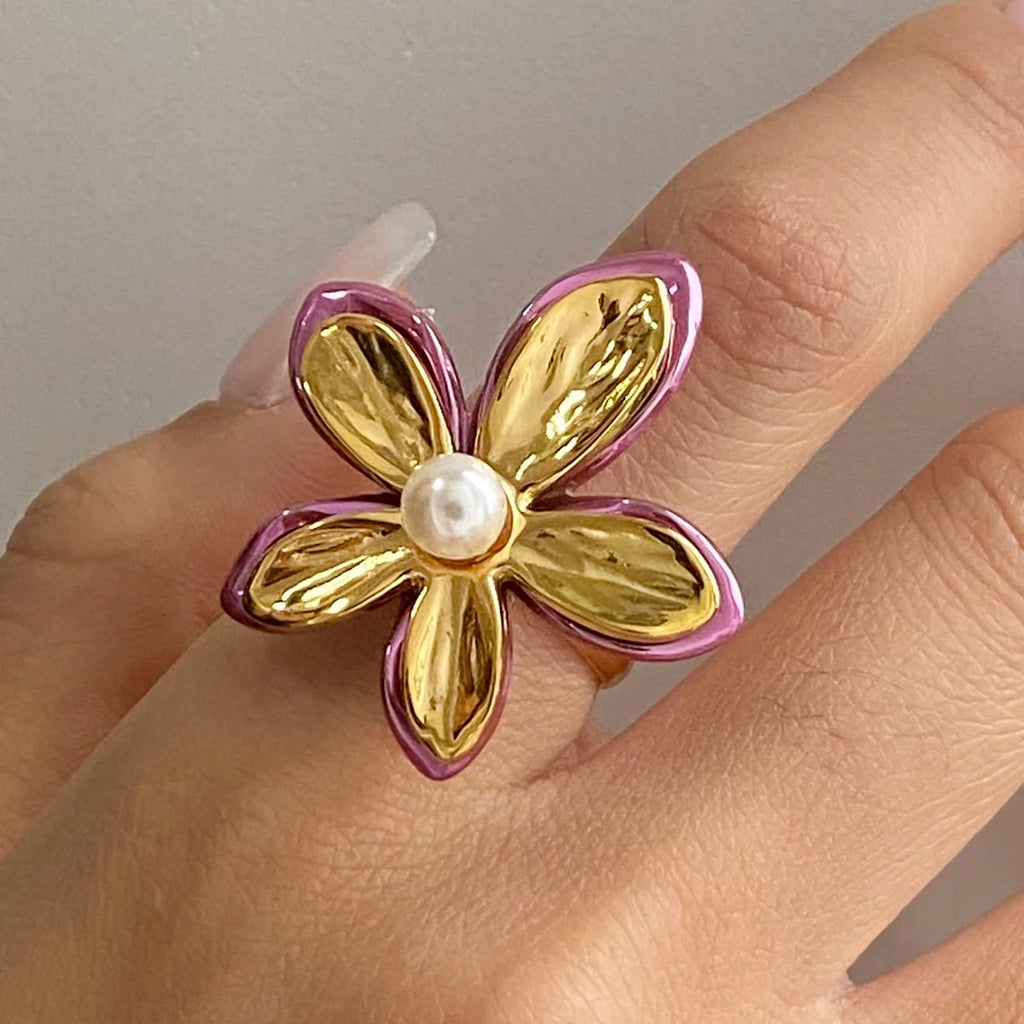 J&D 18K Gold Stainless Steel Adjustable Trendy Romantic Jewelry Pink Enamel Glass Pearl Flower Open Ring