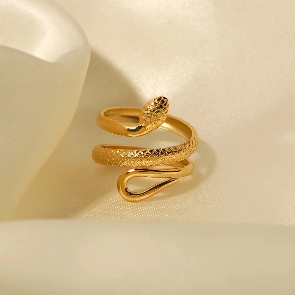 Classic Texture Snake Design Layer 18K Gold Plated Stainless Steel Opening Rings Fashion Jewelry