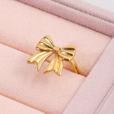 J&D Jewelry Ring 18K Gold Plated Stainless Steel Waterproof Bow Knot Opening Ring for Woman