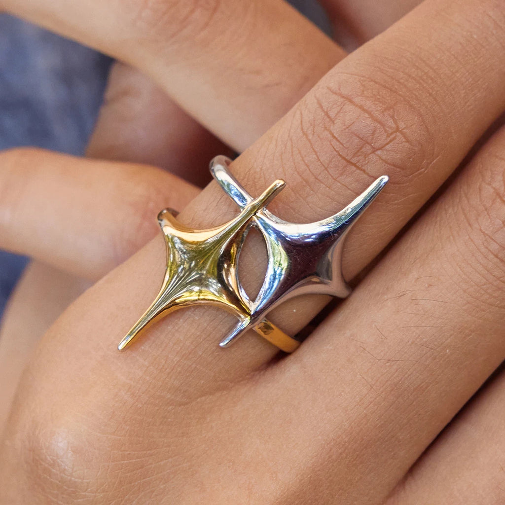 J&D Minimalist 18K Gold Plated Stainless Steel Ring Mangxing Double-Layer Hollow Opening Ring