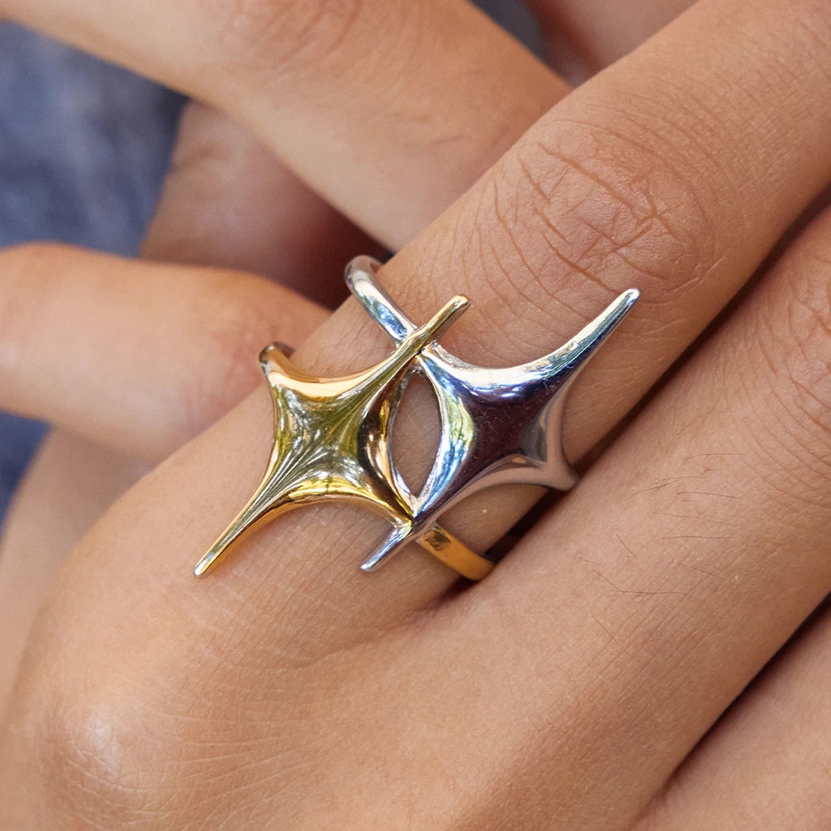 J&D Minimalist 18K Gold Plated Stainless Steel Ring Mangxing Double-Layer Hollow Opening Ring
