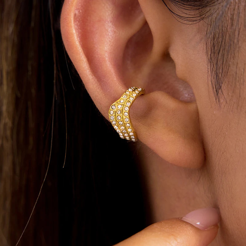 Three-layer White Rhinestone Wave Ear Clips