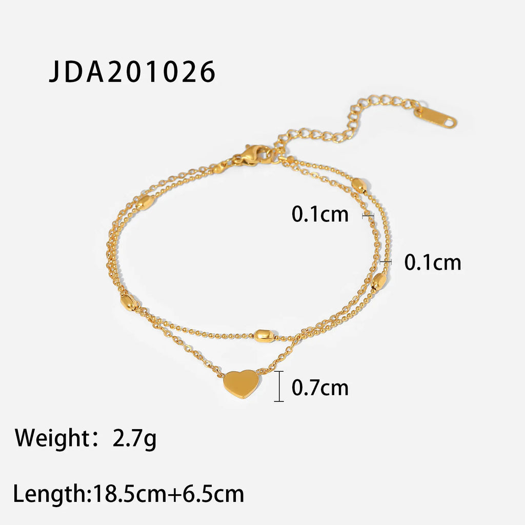 18K Gold Plated Stainless Steel Love Heart Pendant Oval Bead Chain Double Layer Daity Anklets