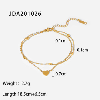 18K Gold Plated Stainless Steel Love Heart Pendant Oval Bead Chain Double Layer Daity Anklets