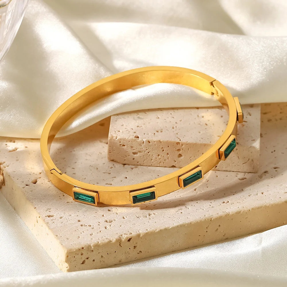 18k Gold Plated Green Cubic Zirconia Bezel Setting Dainty Stainless Steel Bangles for Women As Gift