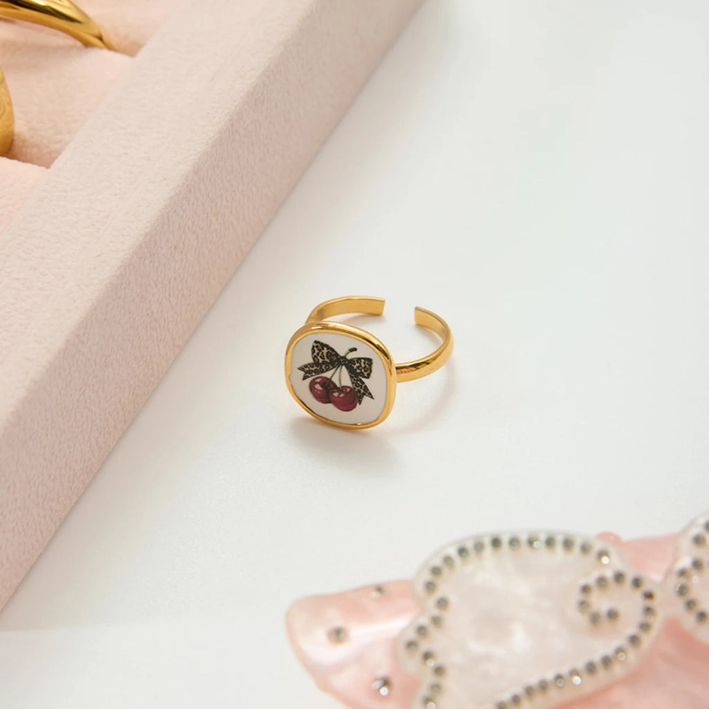 J&D 18K Gold Stainless Steel  Sweet and Romantic Jewelry Ring Cherry Drop Oil Printing Adjustable Open Ring