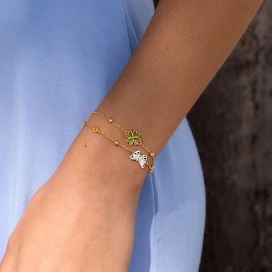 J&D Jewelry 18K Gold Plated Stainless Steel Enamel Clover Butterfly Double Layer Bracelet with Zircon for Women