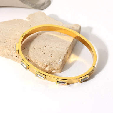 18k Gold Plated White Cubic Zirconia Bezel Setting Stainless Steel Band Bangles for Female
