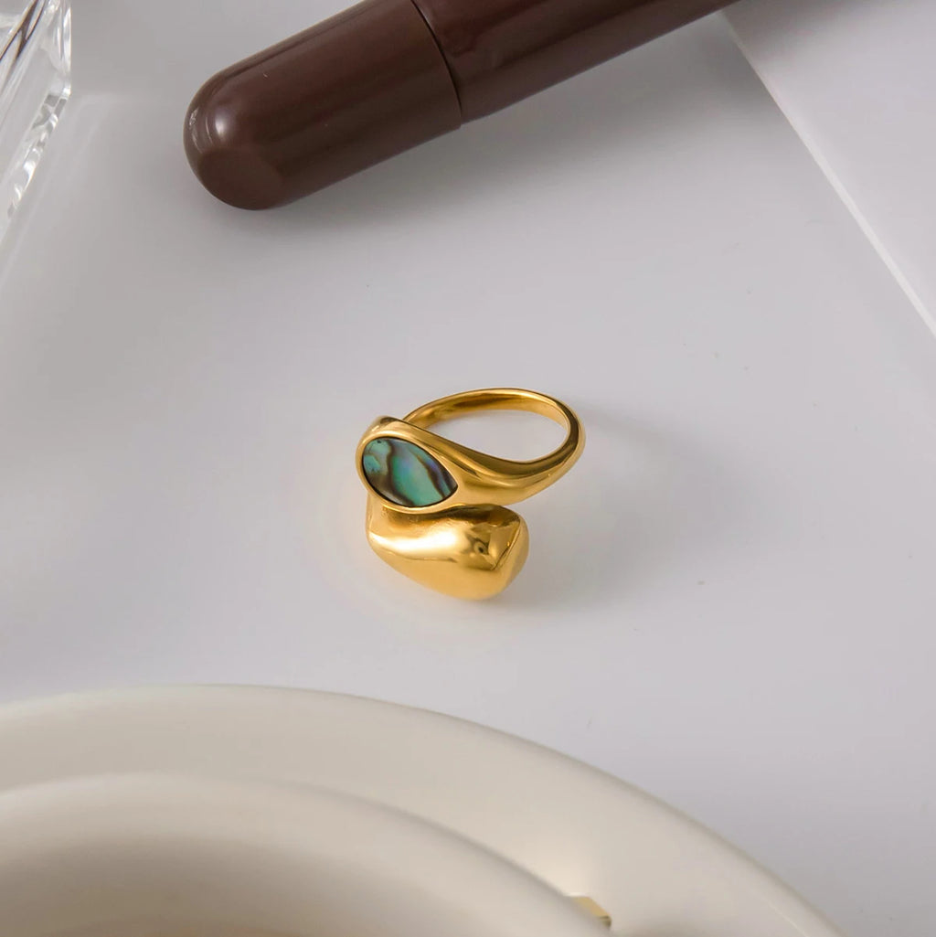 J&D 18K Gold Plated Stainless Steel Water Droplet Asymmetrical Opening Ring Personality Jewelry